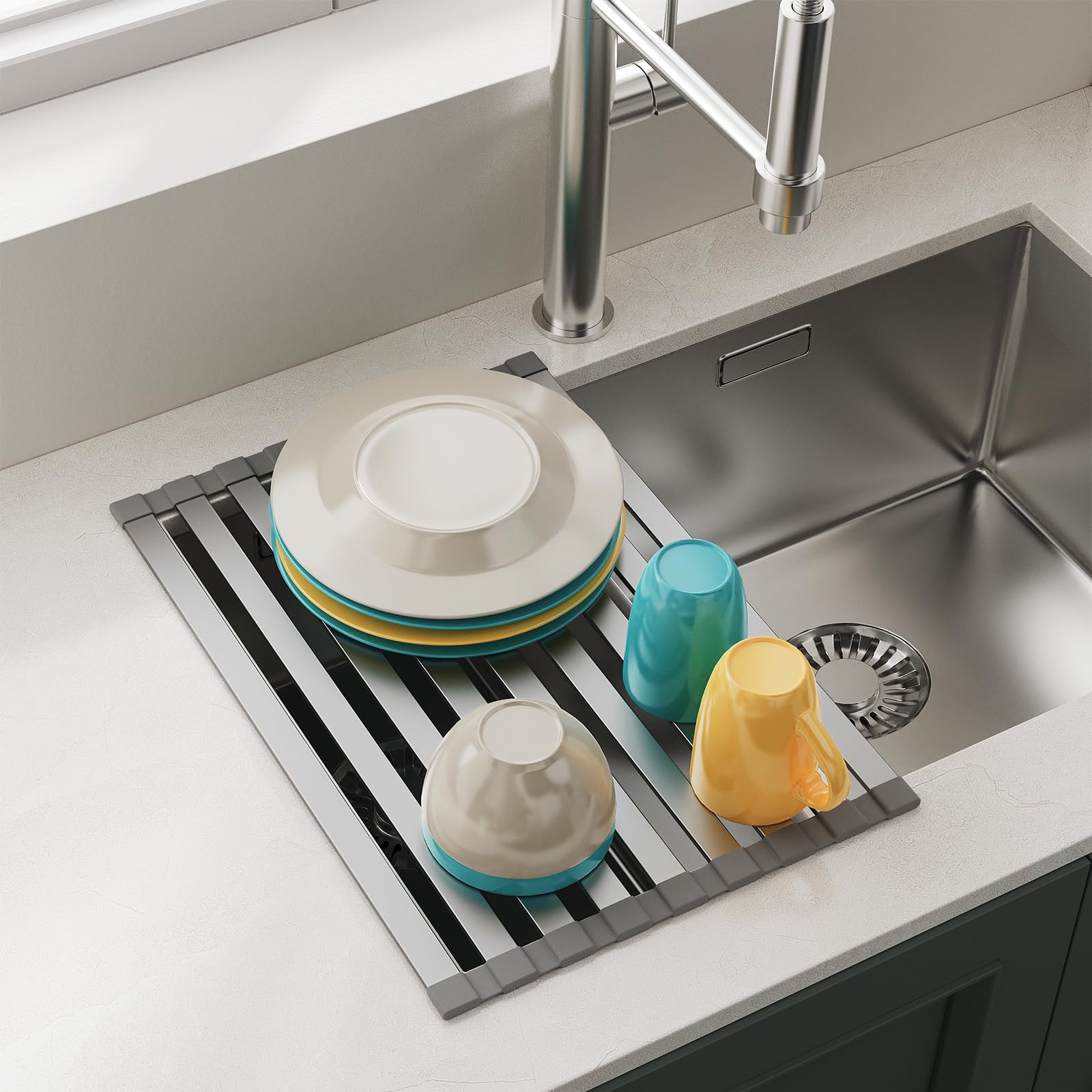 COOL-ANGLE Aluminum Roll Up Dish Drying Rack Over The Sink, 17.7" x 13.4" Rust-Proof Foldable Dish Drainer Mat, Heat Resistant Trivet & Kitchen Sink Cover, Fits Sinks up to 16.8" Wide, Matte Gray