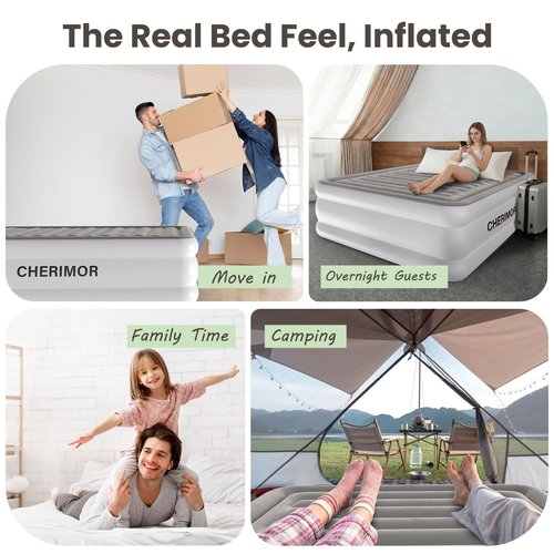 CHERIMOR Air Mattress Queen with Built in Pump, 18" Raised Comfort, Anti-Sag Horizontal Beam, 800lbs Heavy-Duty Support Blow Up Mattress, Multi-Layer Leak Proof Air Bed for Home Guests Camping