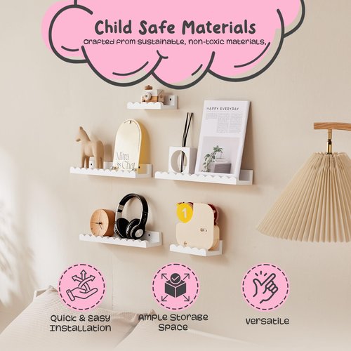 Nursery Book Shelves, 5-Pack Wood Floating Book Shelves for Wall,16.5 Inch Scalloped Wall Shelves, Kids Bookshelf for Bedroom,Bathroom,Kitchen,Kids, Toddler Room, Toy and Nursery Decor Storage(White)