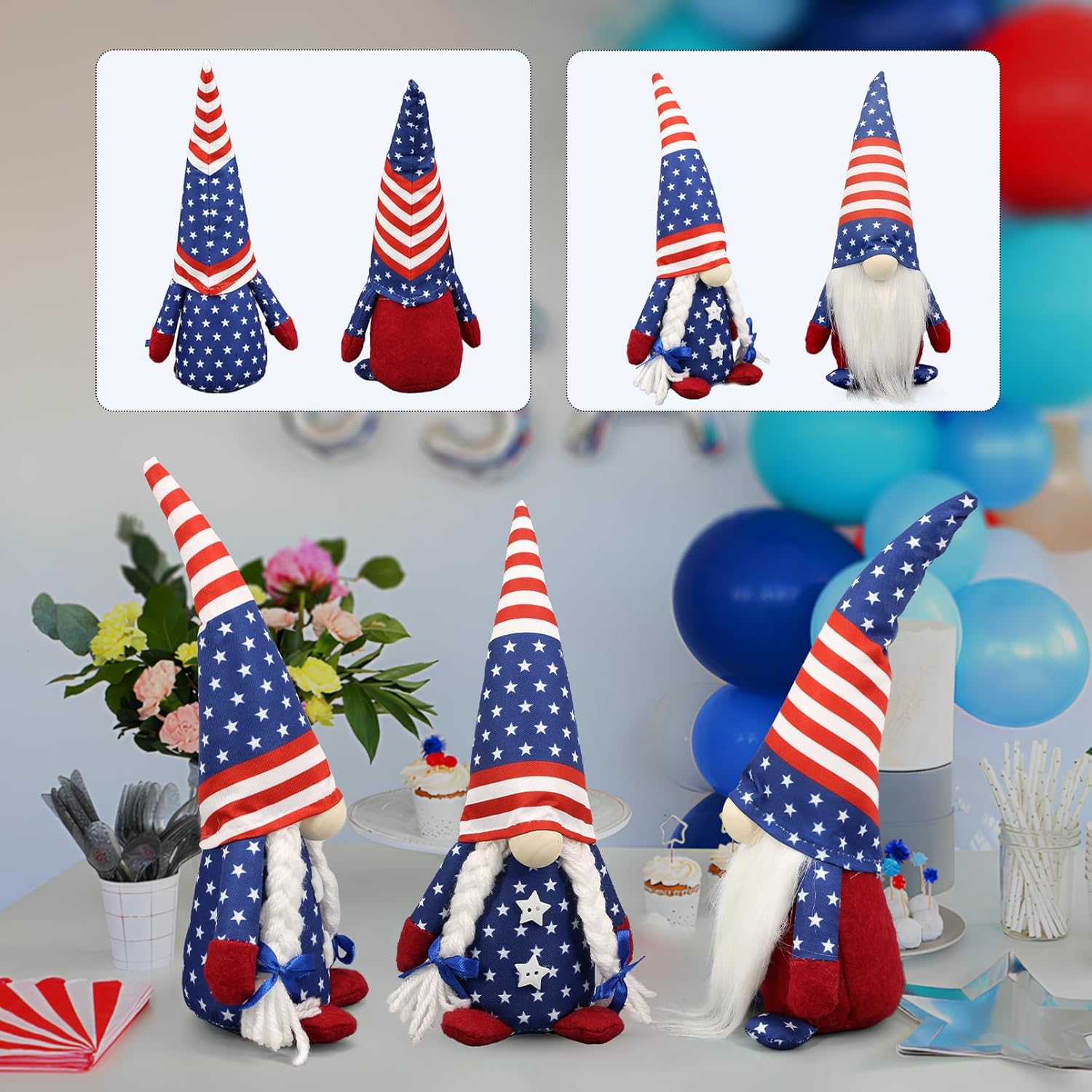 Regine Switzerland Patriotic USA Gnomes - 250th Anniversary Home Decor - Red, White & Blue Figurines for 4th of July Celebrations