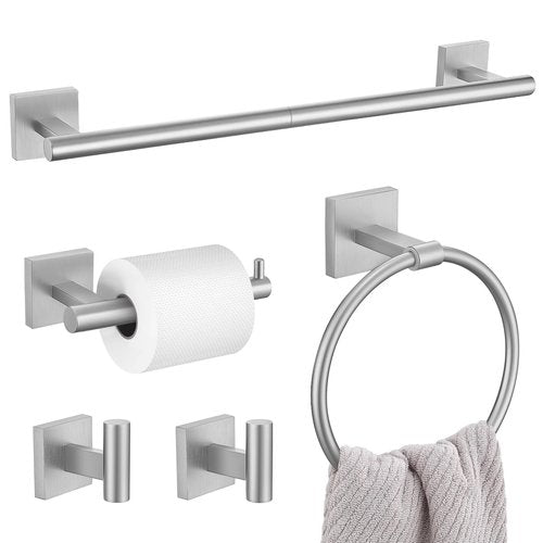 5 Pieces Bathroom Hardware Set, Brushed Nickel Towel Bar Set Includes 23.6” Towel Bar, Towel Ring Holder, Toilet Paper Holder and Two Towel Hooks, Bathroom Accessories Set SUS304 Wall Mounted