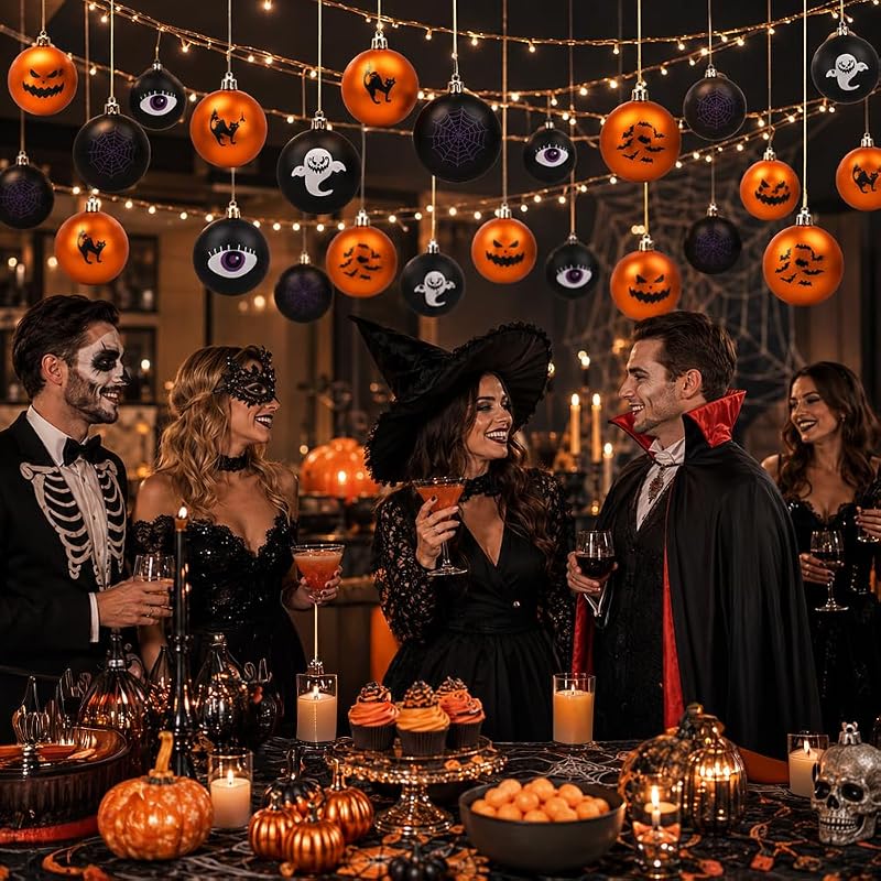 Hanging Halloween Ornaments 12-Piece Black & Orange Ball Decorations with String — 6 Designs
