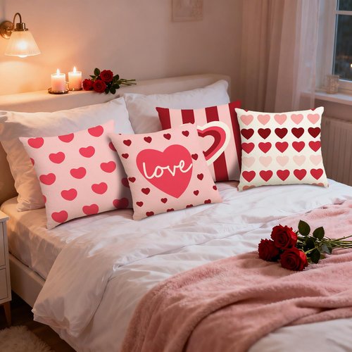 Yjunue Valentine's Day Love Heart Red Pink Throw Pillow Covers,18 x 18 Inch Red White Stripes Love Heart Anniversary Wedding Valentine Decoration Cushion Case,Set of 4