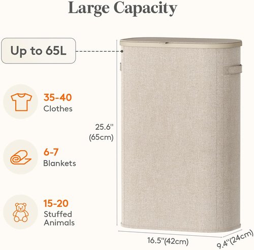 Lifewit Slim Laundry Basket - Tall 65L Hamper with Lid & Removable Bag | Beige, Ideal for Home Use