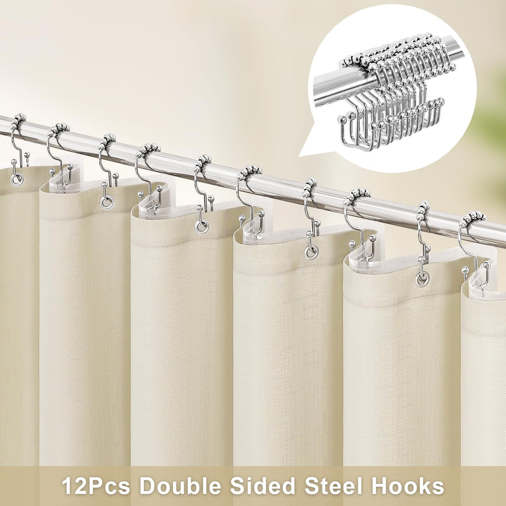 MitoVilla 3 in 1 Shower Curtain Set, Neutral Modern Slub Textured Fabric Shower Curtain and Clear PEVA Liner Set with 12 Double Sided Steel Hooks, Waterproof Fabric Hotel Bathroom Curtain-72x72