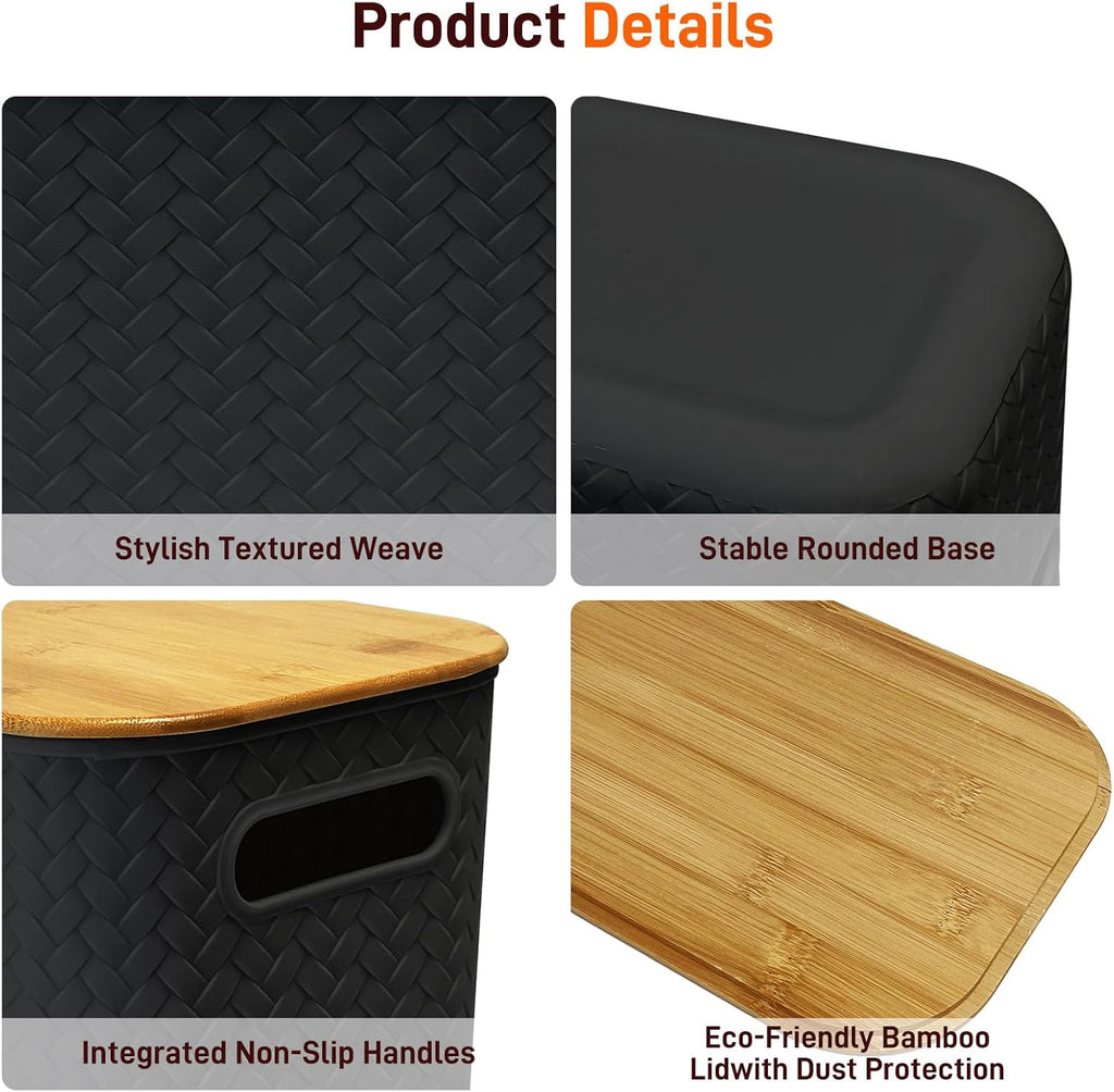 Soddeph Plastic Storage Bins - 4 Pack Stackable Containers with Bamboo Lids for Organizing (Black)