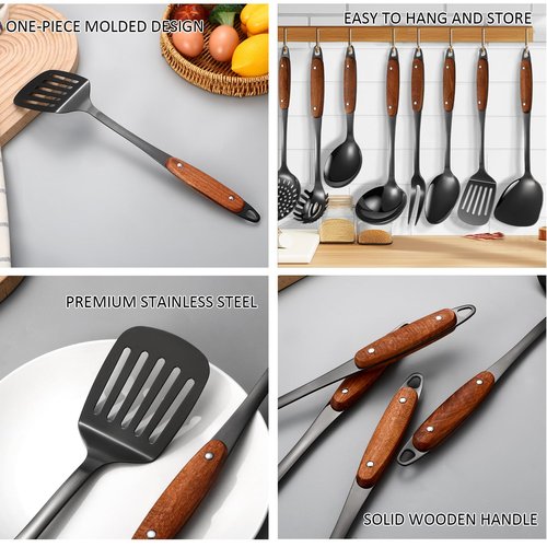 304 Stainless Steel Cooking Utensils Set,9PCS Metal Kitchen Utensils Set with Wooden Handle,Solid Spoon,Spatula,Ladle,Skimmer,Spaghetti Spoon,Dishwasher Safe(Black)