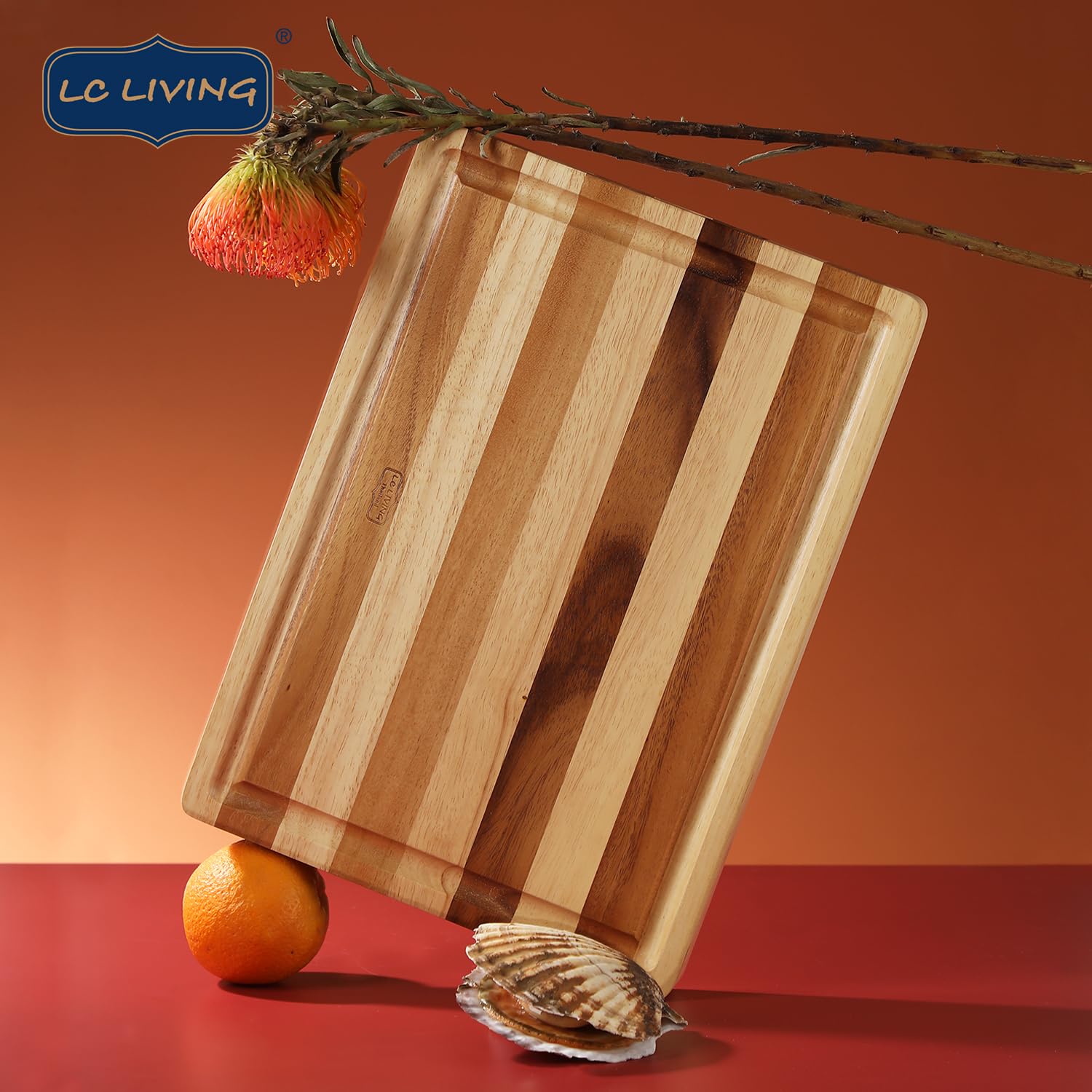 Thai End Grain Acacia Wood Striped Rectangular Butcher Board with Groove, best for chopping serving butcher board, prep station, kitchen deco, cheese, meat, bread, veggies & fruits, 19"x14"