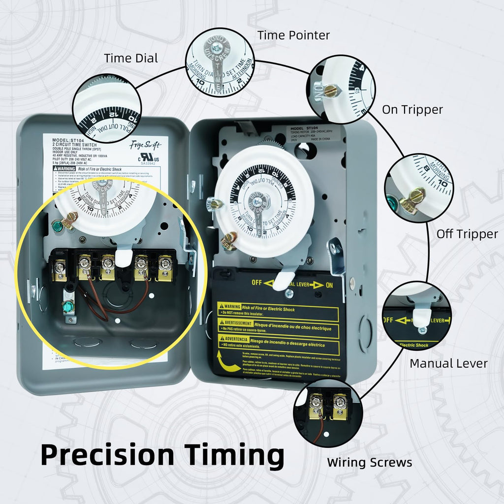 T104 24-Hour Heavy-Duty Mechanical Timer, 40A DPST Switch, 12 On/Off Cycles, 208-240V, for Commercial Defrost, Lighting & Water Heaters，Indoor Use Only