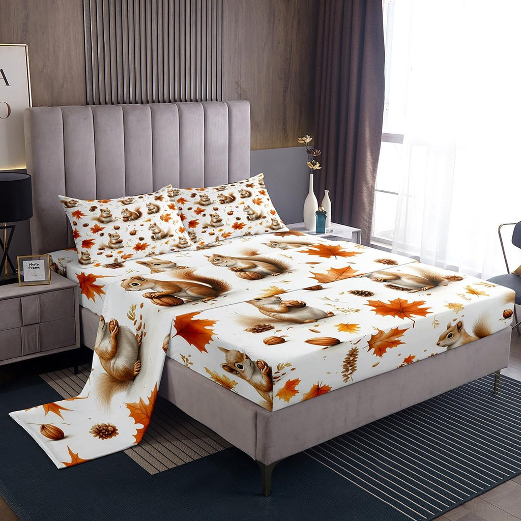 Feelyou Boys Girls Fall Autumn Sheet Set Queen Size, Cute Squirrel Bed Sheets Set Cartoon Animal Sheets with Deep Pocket Fitted Sheet Kids Maple Leaf Teens Bedding Set with 2 Pillow Case
