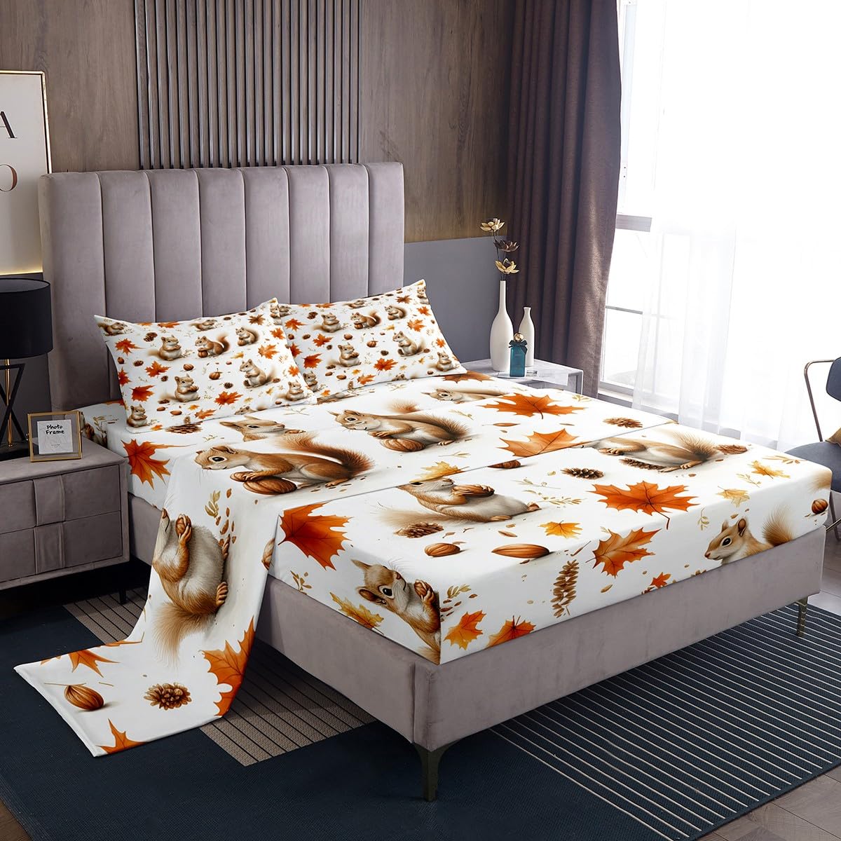 Feelyou Boys Girls Fall Autumn Sheet Set Queen Size, Cute Squirrel Bed Sheets Set Cartoon Animal Sheets with Deep Pocket Fitted Sheet Kids Maple Leaf Teens Bedding Set with 2 Pillow Case