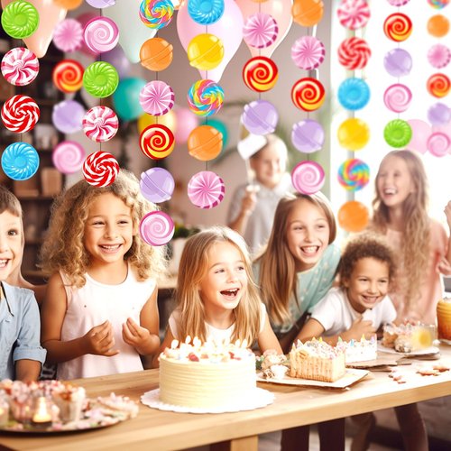 QIUGMYN 8pcs Candy Garland Banner Multi-coloured Paper Cardboard Round Candy Land Theme Birthday Party Decorations