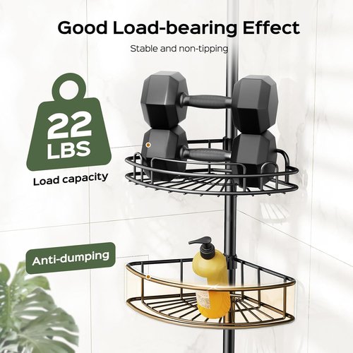HAMITOR Corner Shower Caddy | 4-Tier Rust-Resistant Bathroom Organizer - Adjustable 47-121 Inch - No-Drill Quick Installation - Space-Saving Black Shelves