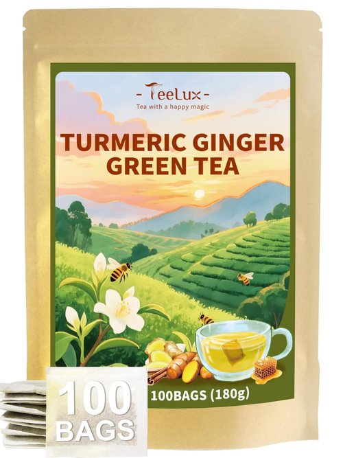 TeeLux Ginger Turmeric Green Tea Bags, Smooth Steamed Green Tea with Spicy Ginger, Earthy Turmeric & Sweet Honey Aroma, 100 Count, Hot & Iced Tea