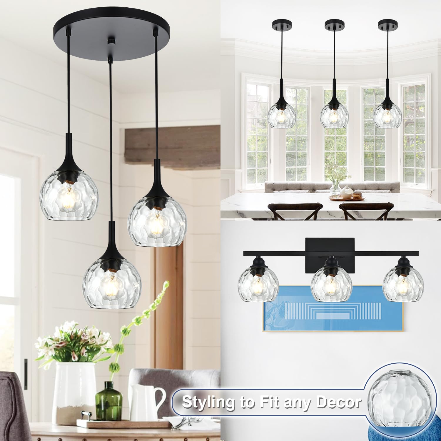 Lucidce 3 Pack Fixture Replacement Globe Shade, 6 Inch Diameter, E26 Base Clear Hammered Glass, Glass Globe Lampshade Cover for Pendant Wall Sconce Chandelier Vanity Light