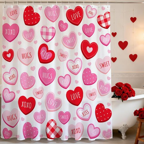 Lindameler Valentines Shower Curtain Cute Love Pink Hearts Shower Curtain for Valentines Day Decorations Waterproof Romantic Sweetheart Bathroom Decor Curtain, 72 X 72 Inch