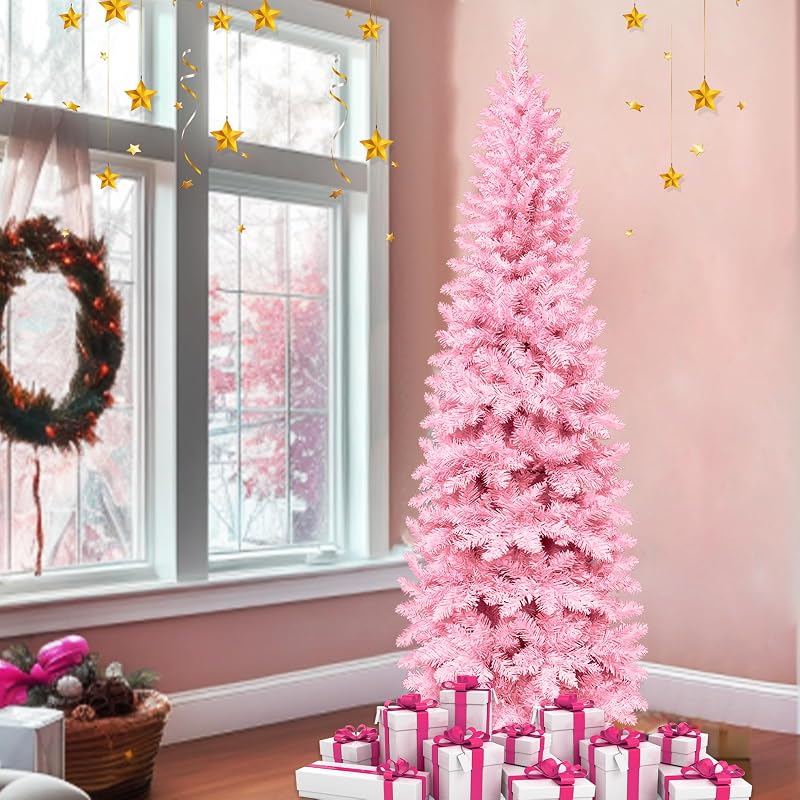 6ft Prelit Pink Artificial Slim Christmas Tree with 240 Warm LED Lights - Variation: Pink