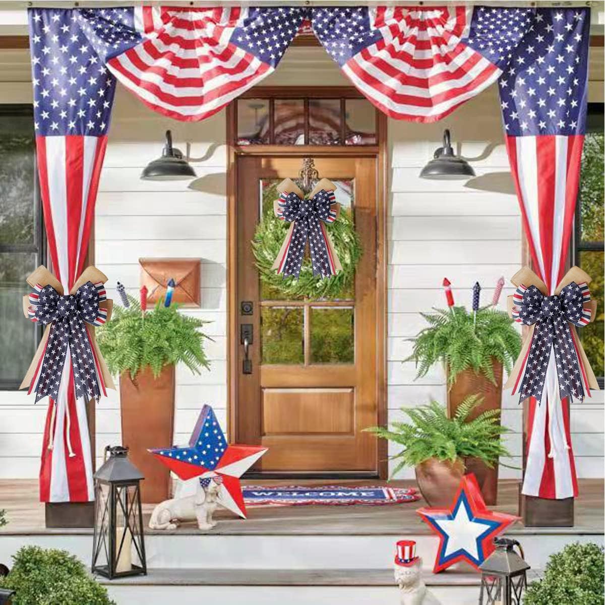 Skiennix Patriotic Decor Bow - Burlap Red, White & Blue Stripe Stars for Wreaths & Tree Toppers