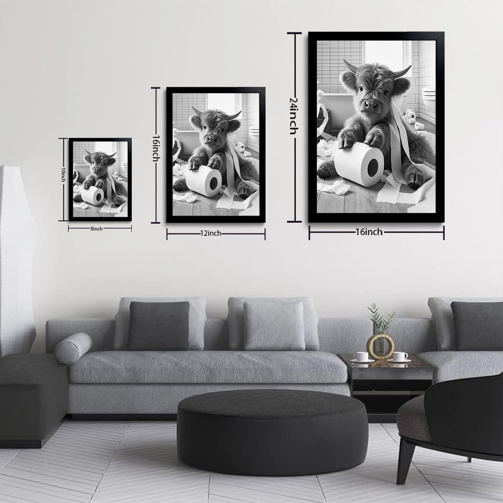 OIQArt Funny Bathroom Wall Art - Black & White Highland Cow Canvas Print | Modern Minimalist Decor