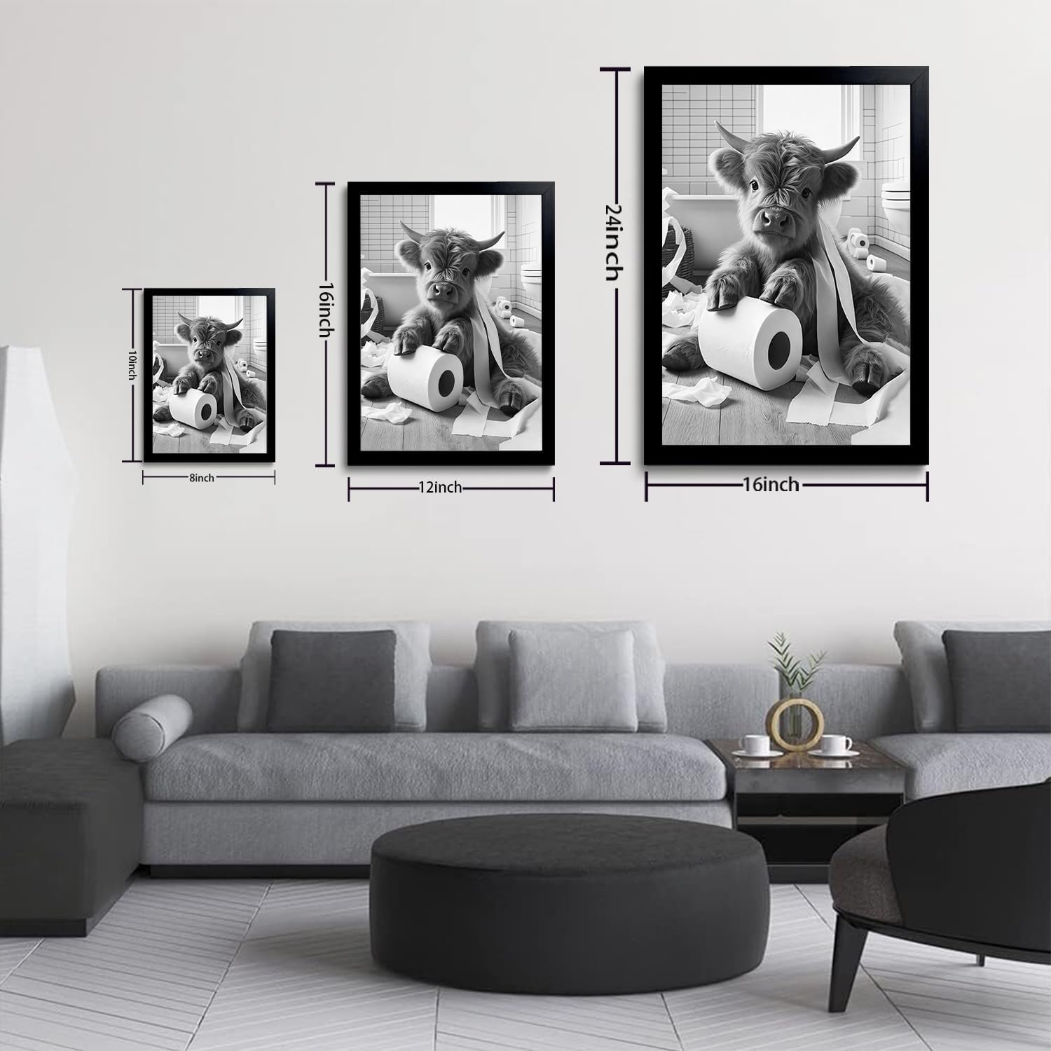 OIQArt Funny Bathroom Wall Art - Black & White Highland Cow Canvas Print | Modern Minimalist Decor