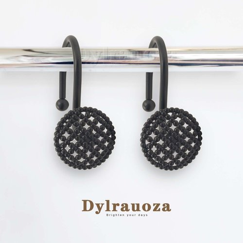Dylrauoza Black Shower Curtain Hooks, 12 Pack Modern 3D Beaded Decorative Shower Curtain Rings, Rust Proof Heavy Duty Metal Shower Hangers for Bathroom Rods