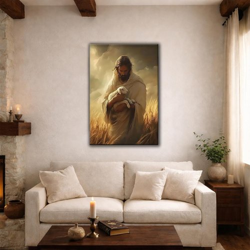 Jesus Holding Lamb Framed Canvas Wall Art - Christian Good Shepherd Painting for Living Room | 12x16 Inch