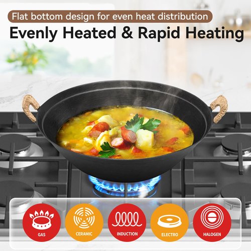 WANGYUANJI 14.2 Inch Cast Iron Wok with Wooden Lid and Iron Spatula, Flat Bottom Double-Handle Chinese Stir Fry Pan, Uncoated Cast Iron Wok for Induction, Gas and Electric Stoves