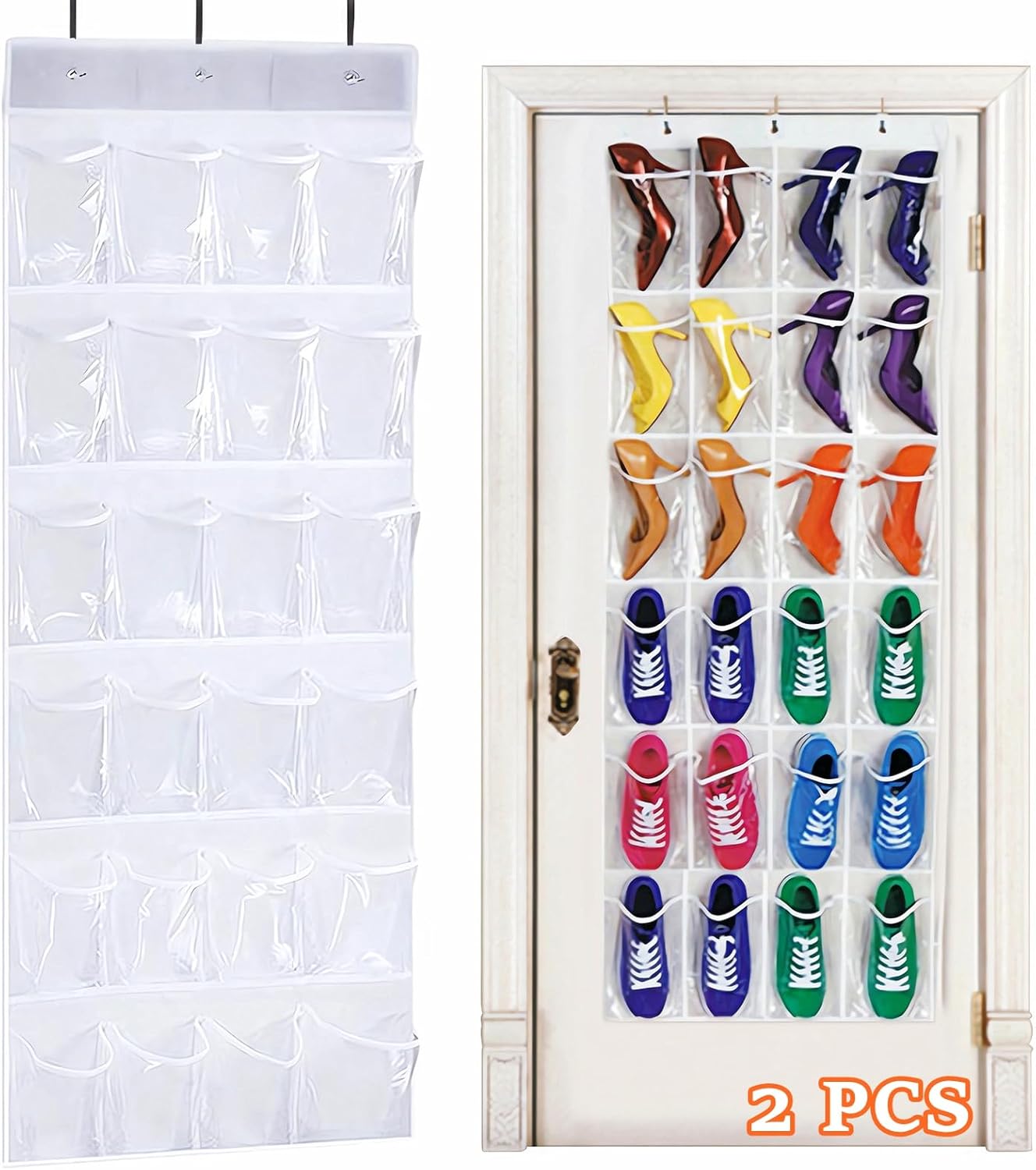 Skiennix Over The Door Shoe Organizer - 24 Pocket Folding Hanging Rack with Hooks | Heavy-Duty Mesh Holder