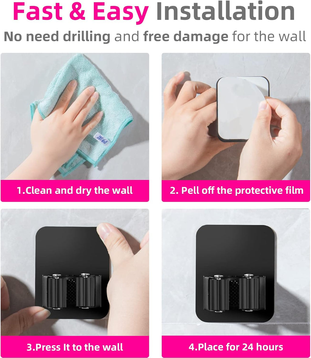 Skiennix Broom Holder Wall Mount - Super Anti-Slip Design for Kitchen, Bathroom & Garage - 4 Pack, Black