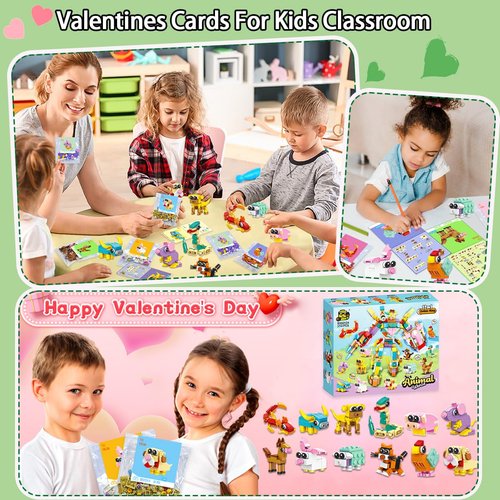 JUNQIU 24 Pack Valentines Day Cards For Kids School, Animal Building Blocks Valentine For Class, Valentines Day Gifts For Kids Classroom Bulk, Class Gifts Exchange For Boys Girls