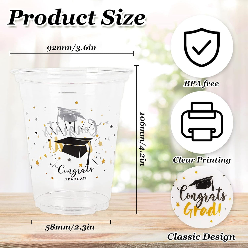 Whaline Graduation Cups - 12oz Black & Gold Disposable Party Cups | 50-Pack for Class of 2025 Celebrations