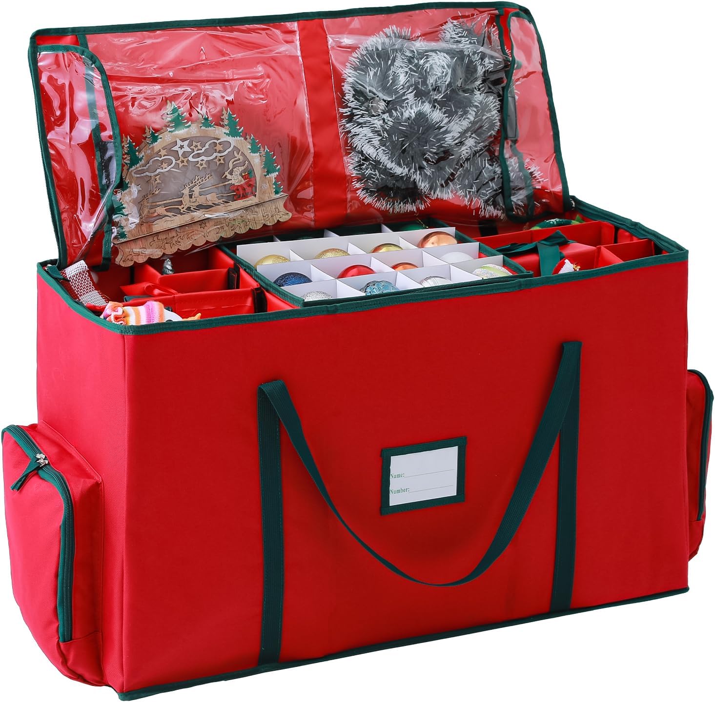 Skiennix 2-In-1 Christmas Ornament Organizer Box - Holds 73 Holiday Ornaments | Adjustable Space & Pockets for Figurines