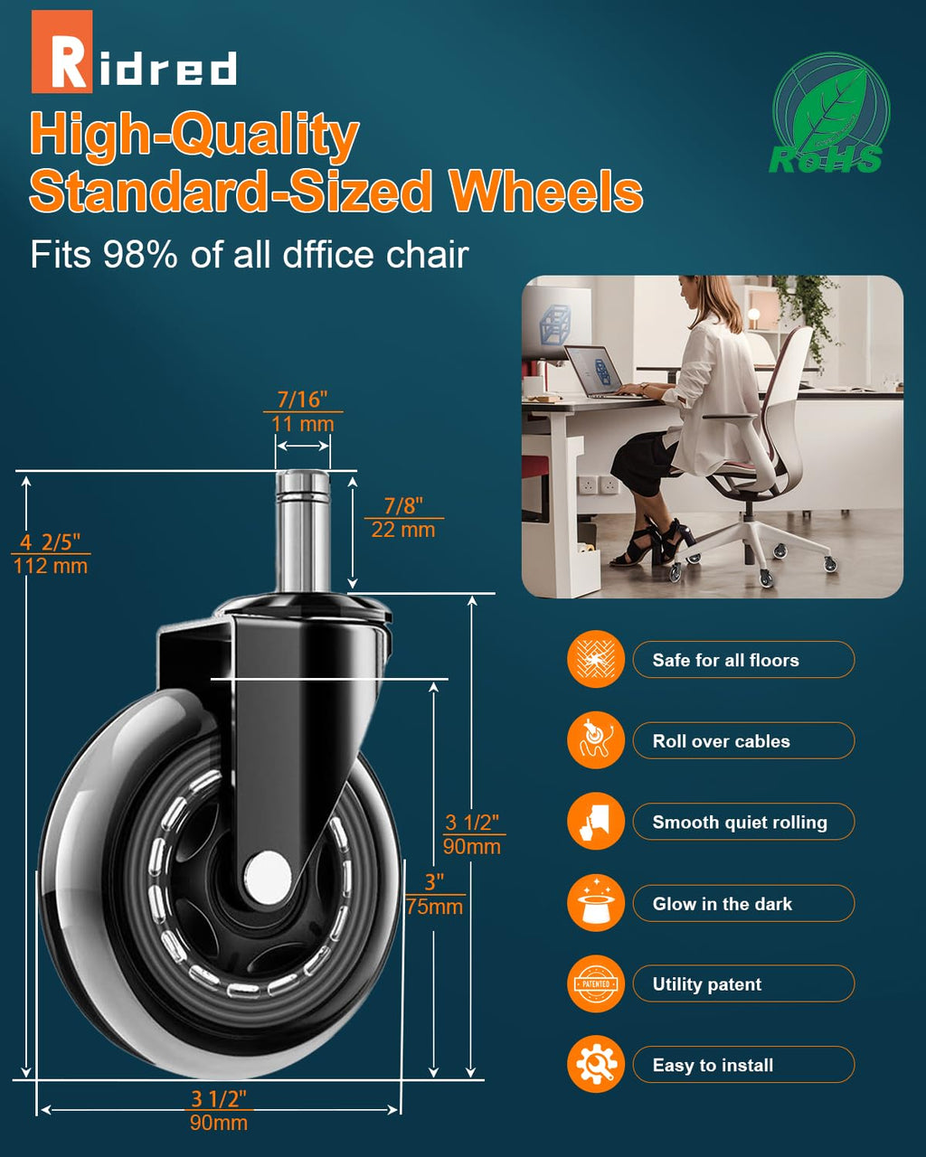 RidRed Office Chair Wheels - Heavy-Duty 3 Inch Rubber Casters | Universal Fit, Noise-Free, Fits Most Chairs