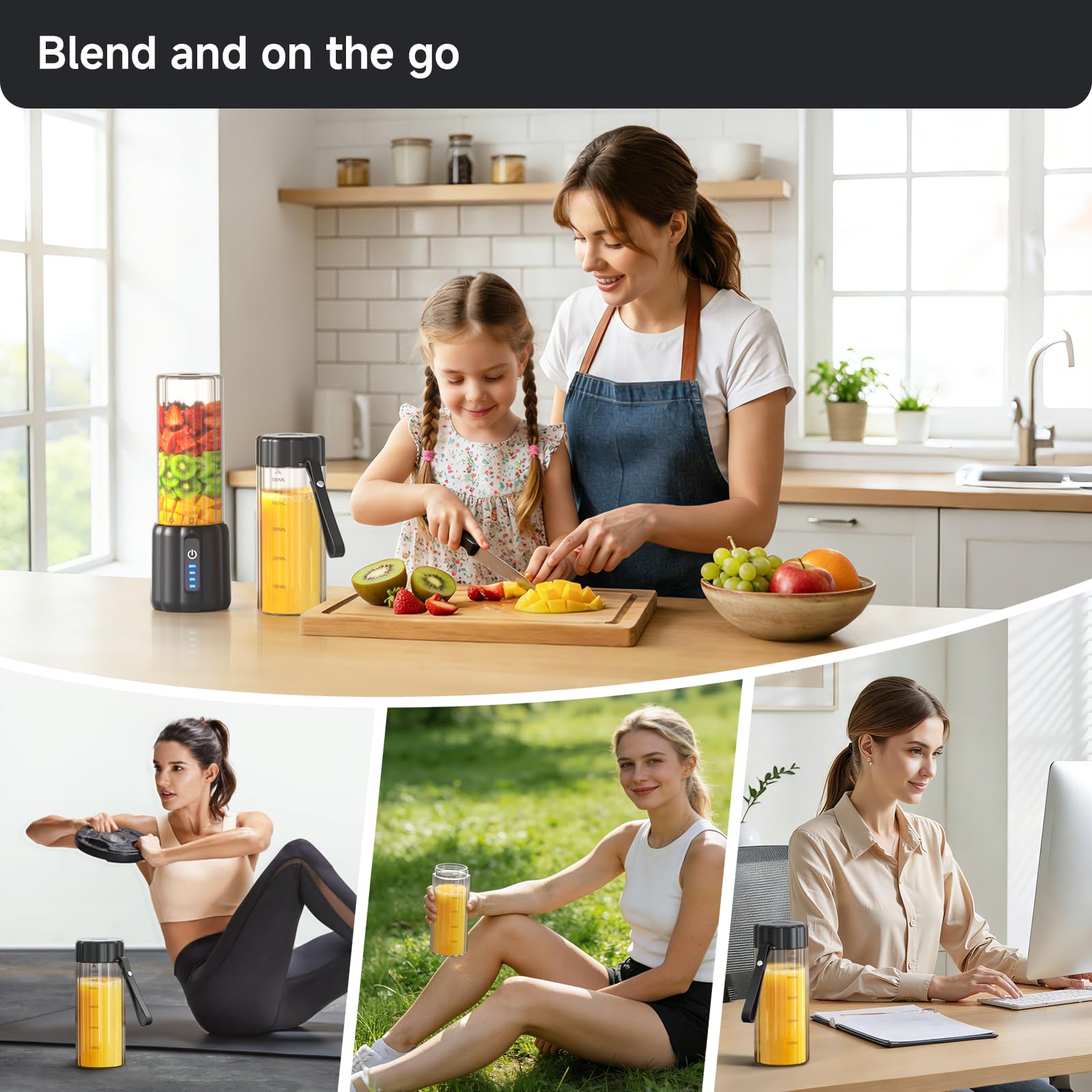TOMUOO Portable Blender, Small Smoothie & Shake Maker with 6 Blades, USB-C Rechargeable Personal Blender with LED Display, Travel-Friendly Mini Juicer Cup for Home, Office, Gym, Outdoor, 17oz, Black