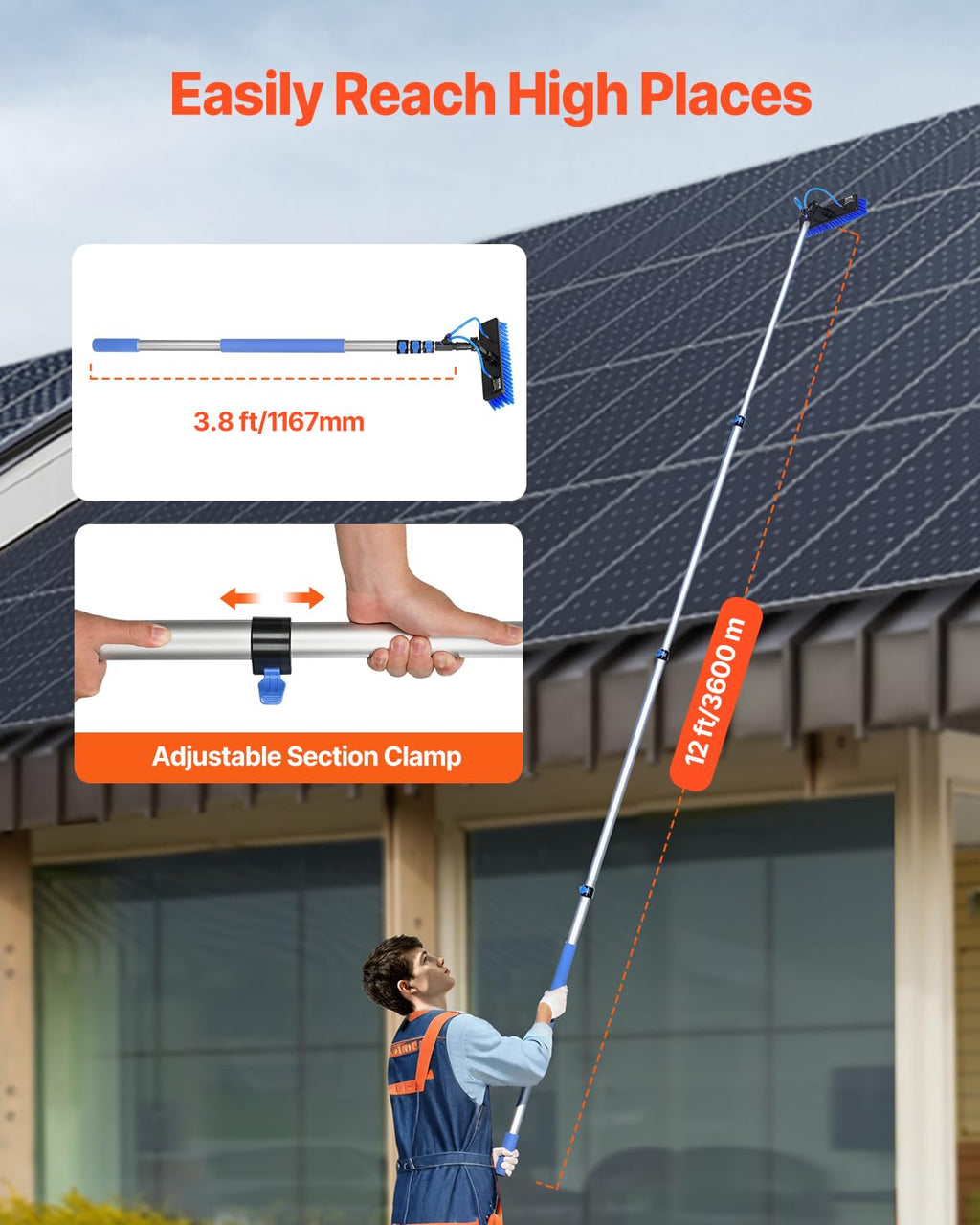 VEVOR Water Fed Pole Kit, 24FT Solar Panel Cleaning Pole with Extendable Handle, 180° Rotatable Brush Head & 65.6FT Hose, Household & Outdoor Window Cleaner Tool for Caravan Solar Panel Deck