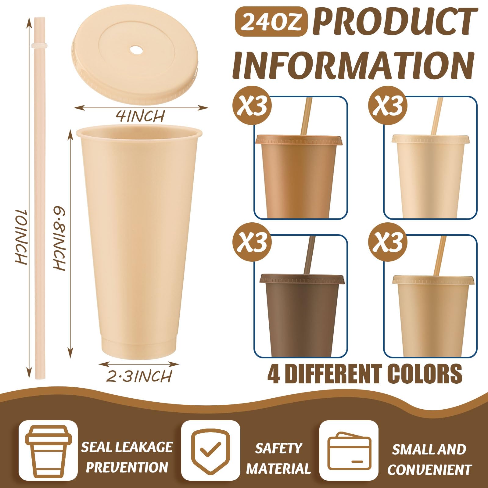 Skylety 12 Pcs Brown Plastic Cups with Lids and Straws 24 oz Reusable Tumbler Large Travel Mug Cup Coffee Beverage Drinks Party Supplies for Wedding Bridal Baby Shower Birthday