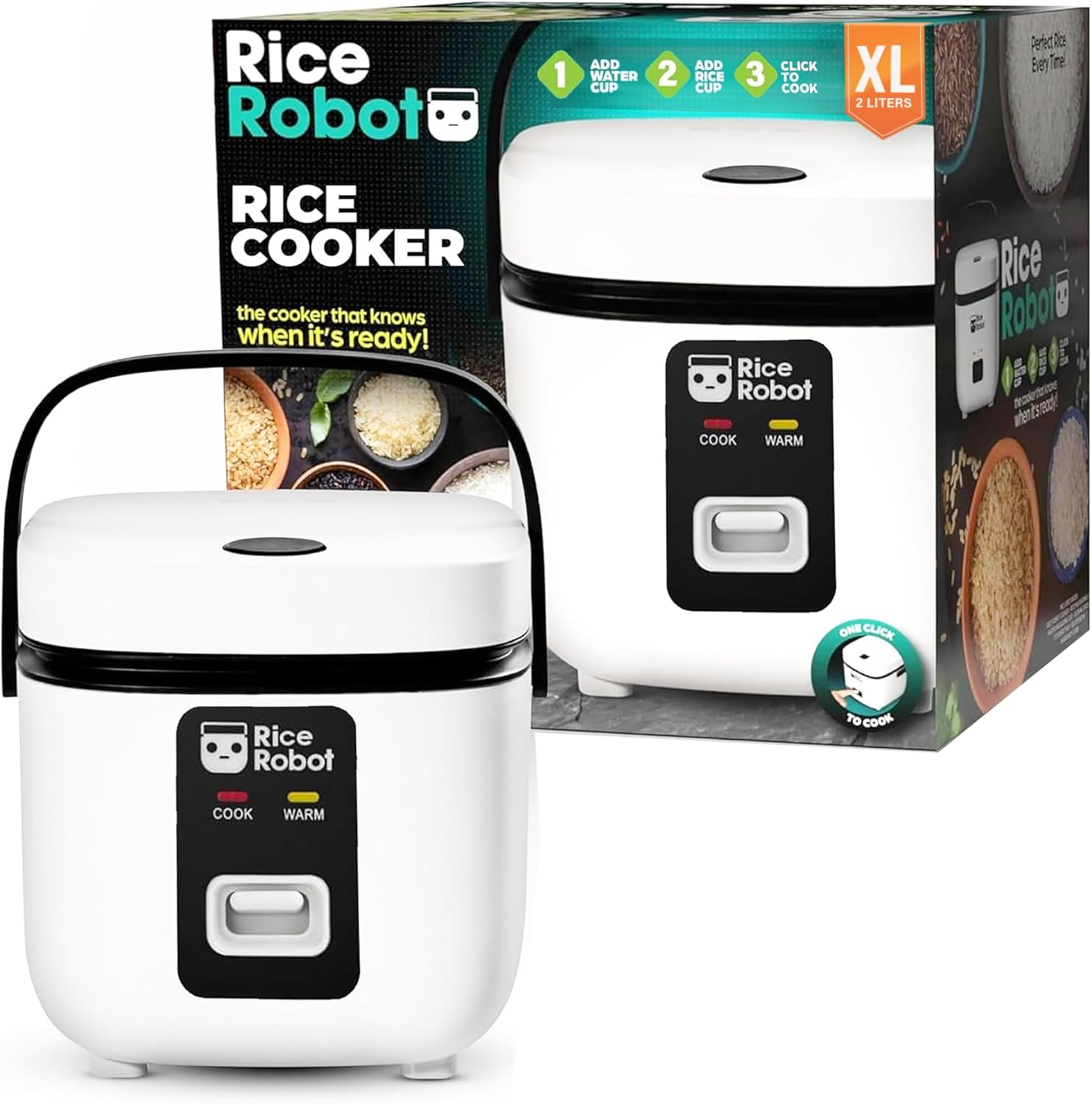 Rice Robot Rice Cooker - Family Size 4 Cup Uncooked (8 Cups Cooked) | PFAS-Free Ceramic Nonstick with Steamer Tray