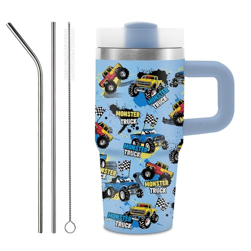 14 oz Monster Truck Tumbler with Handle and Straw for Kids, Insulated Stainless Steel Travel Mug for Boys, Double Wall Vacuum Reusable Cup, Birthday Gifts for Boys