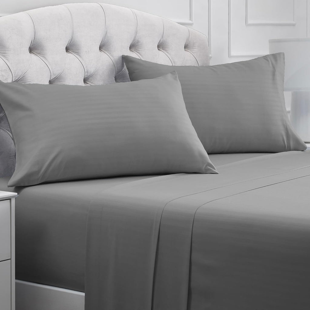 Mellanni Full Sheets Set - 4 PC Hotel Luxury Bedding | Extra Soft, Cooling, Wrinkle-Resistant (Striped Gray/Silver)