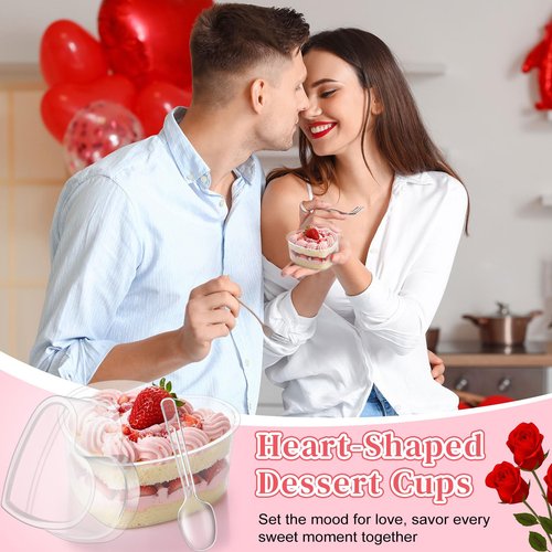 Potchen 48 Pack Heart Shaped Dessert Cups with Lids and Spoons 4 oz Mini Plastic Dessert Container Appetizer Parfait Cups Clear Shooter Container for Valentine Wedding Serving Party