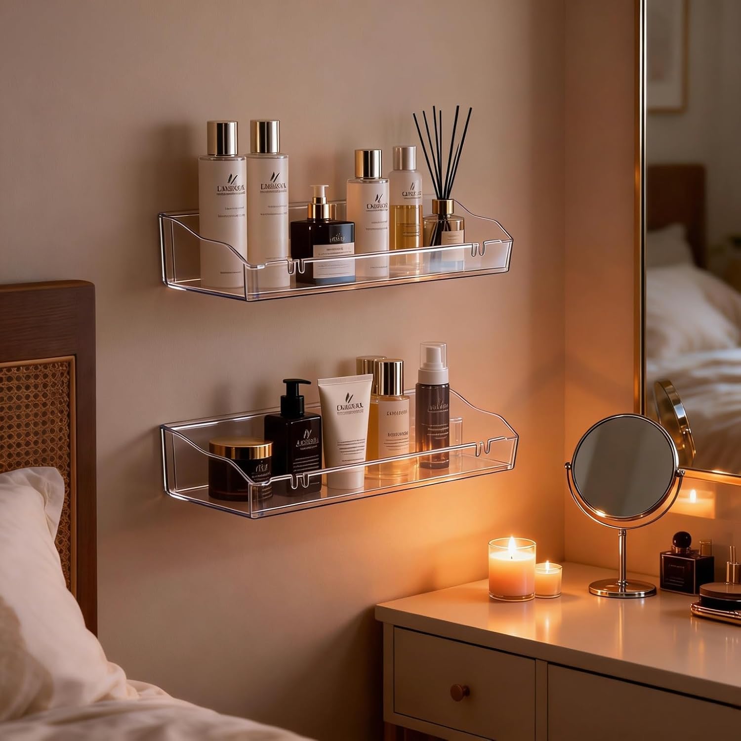 Skiennix Clear Acrylic Floating Shelves - Versatile Wall Mount Organizer for Bathroom, Kitchen & Living Room
