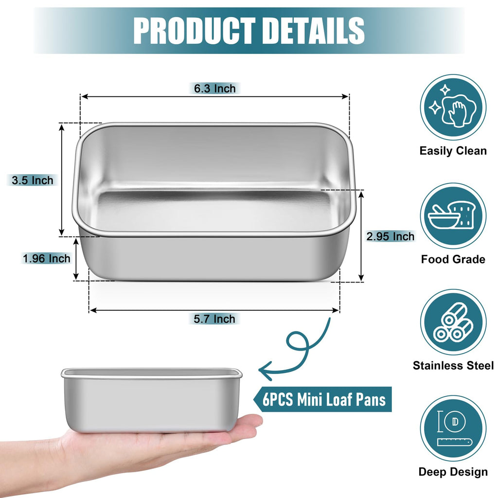 P&P CHEF Mini Loaf Pans Set, 6 PCS Small Bread Loaf Pan for Baking, 6.3 x 3.5 Inch Stainless Steel Baking Pans for Homemade Bread, Meatloaf, Cake and Brownies, Healthy & Non Toxic, Dishwasher Safe