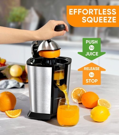 Amzpass Electric Orange Juicer, Citrus Juicer Squeezer with 2 Cones and Soft Grip Handle for Effortless Juicing, Stainless Steel Quiet Orange Juice Extractor Machines for Lime Grapefruit Lemon