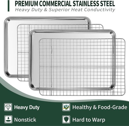 CEKEE Quarter Sheet Pan Set - Stainless Steel Baking Sheets & Cooling Racks | Rust & Warp Resistant, 12 x 9.8 x 1 Inch