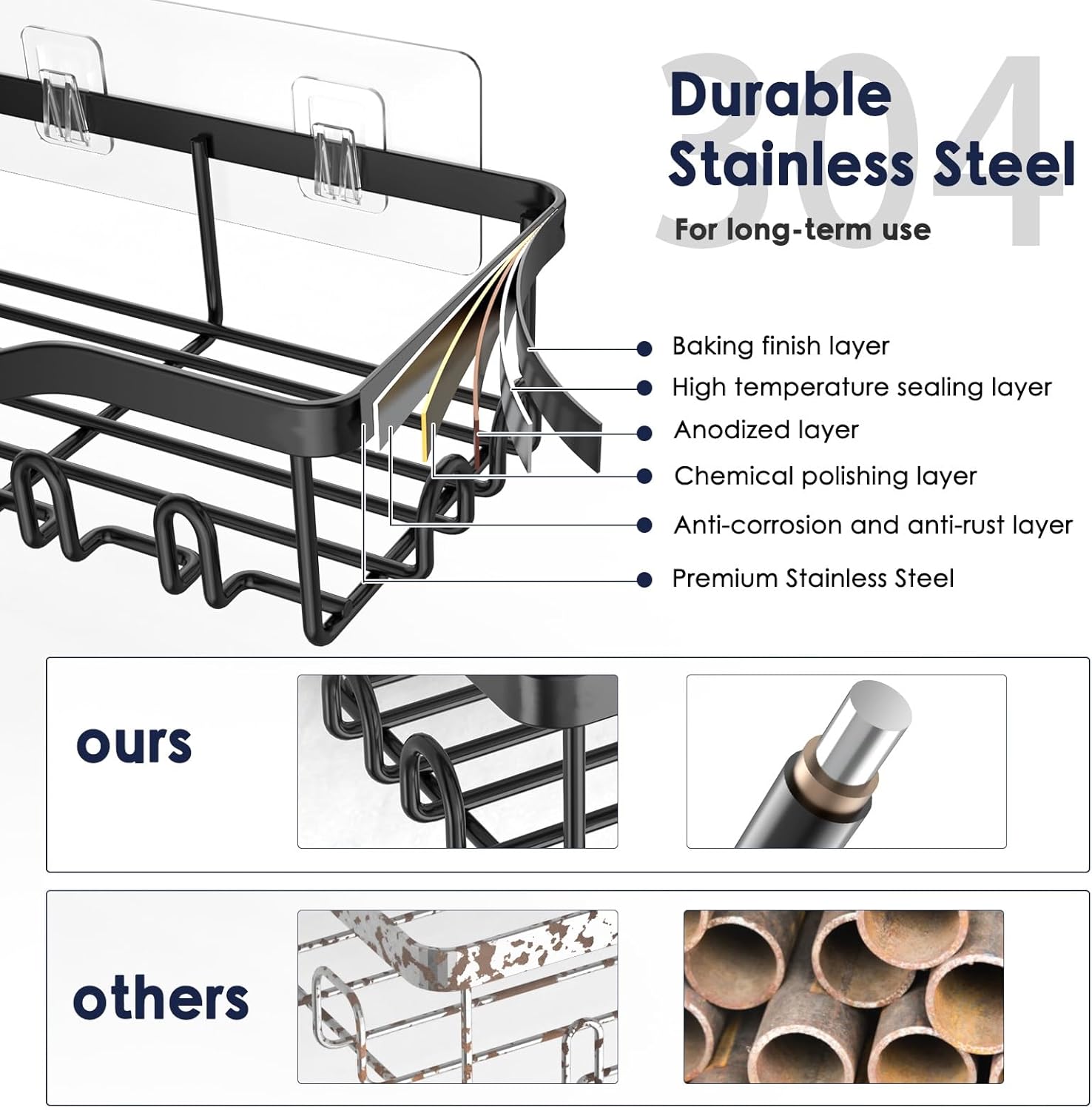 NESOMI Shower Caddy - Rustproof Stainless Steel Organizer with Soap Dish & Hooks | 7-Pack, No-Drill Storage Solutions