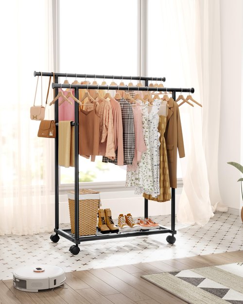 Sakugi Metal Clothes Rack - Double Rod Clothing Rack with Fixed Extension Rod & Universal Wheels, Coat Rack with Built-In Shelf for Closet Organizers and Storage (38.5" x 16.9" x 59.0", Black)
