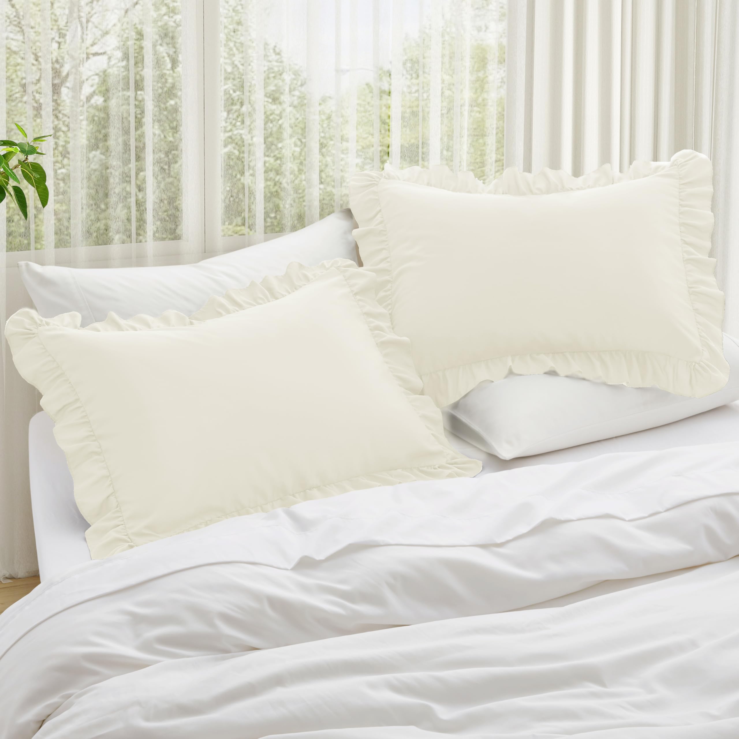 KKJIAF Ruffle Pillow Cases Standard Size Set of 2, Ruffled Pillow Covers with Envelope Closure, Wrinkle Resistant Ruffled Pillow Shams 20" x 26", Beige