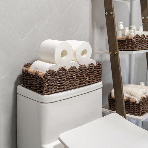 CubesLand Wicker Floating Shelves Baskets - Scalloped Edge Toilet Paper Storage | Brown Rattan with Wood Handle