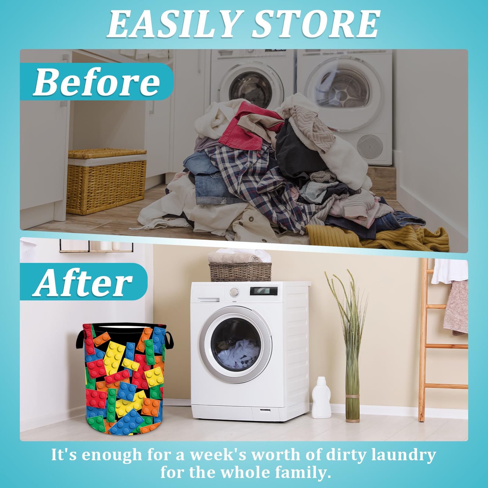 Colorful Building Blocks Laundry Basket, Funny Bricks Laundry Hamper Foldable Waterproof Tote Bag Dirty Clothes Storage Bucket Toy Organizer for Bathroom/Laundry/Bedroom 15.7"x19.6"