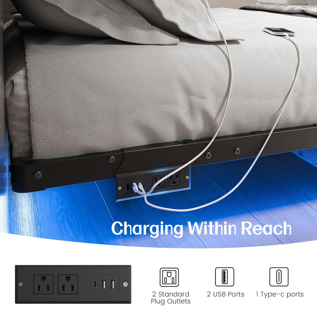 Liians King Size Floating Bed Frame with Smart LED Lights and USB Charging Station, Modern Sturdy Metal Platform, Noise Free, No Box Spring Needed Easy Assembly
